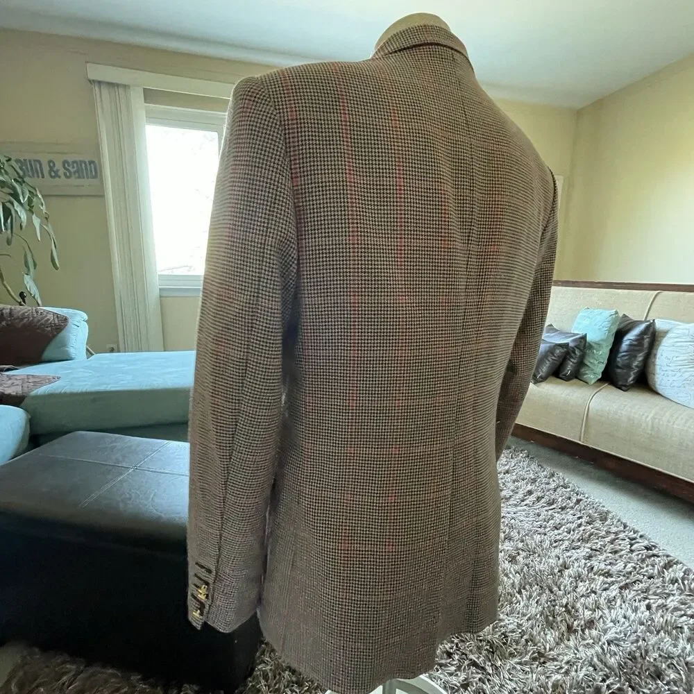 Men's Houndstooth Wool Blend Blazer Gold Buttons Jacket Size Large Preppy Career